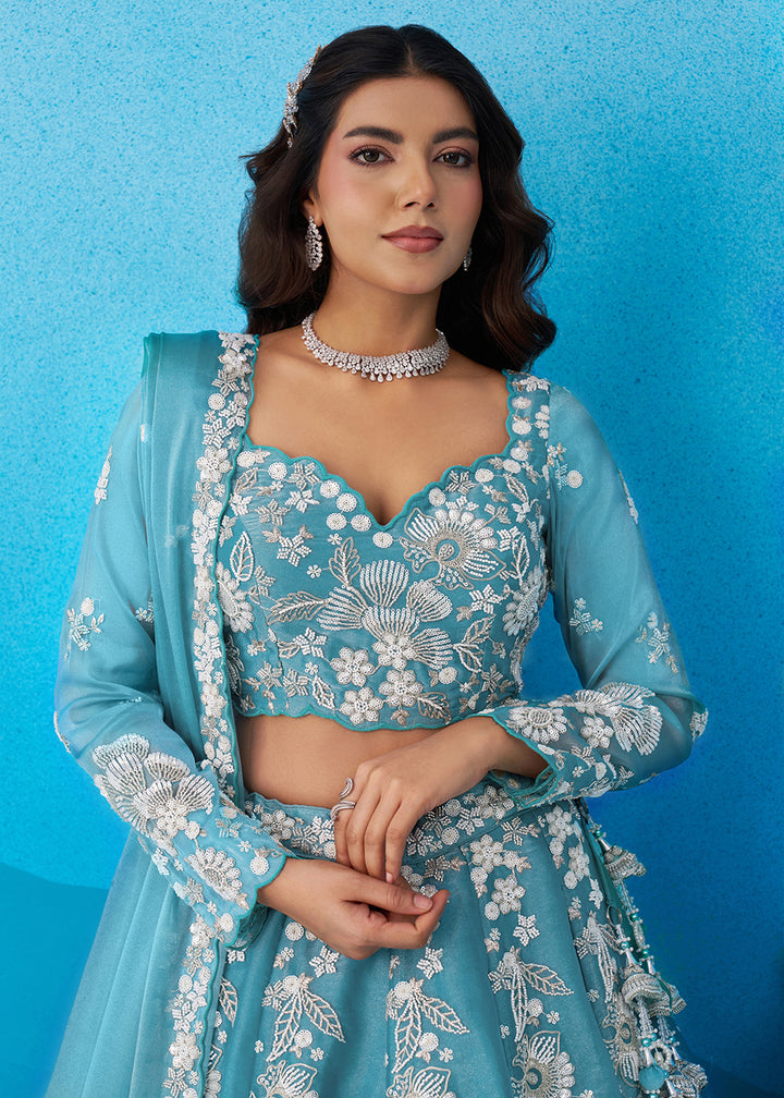 Buy Now Green Heavy Beads Designer Party Lehenga Choli Online in US, UK, Canada, France, Italy, Germany, Australia, Greece, Sweden, UAE & Worldwide at Empress.