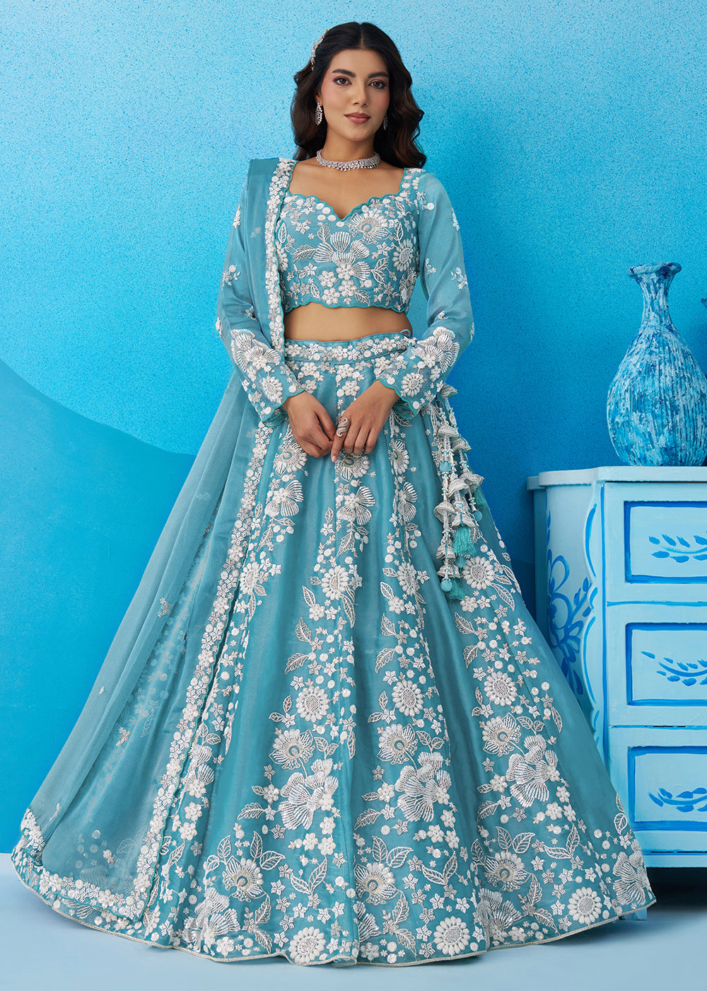 Buy Now Green Heavy Beads Designer Party Lehenga Choli Online in US, UK, Canada, France, Italy, Germany, Australia, Greece, Sweden, UAE & Worldwide at Empress.