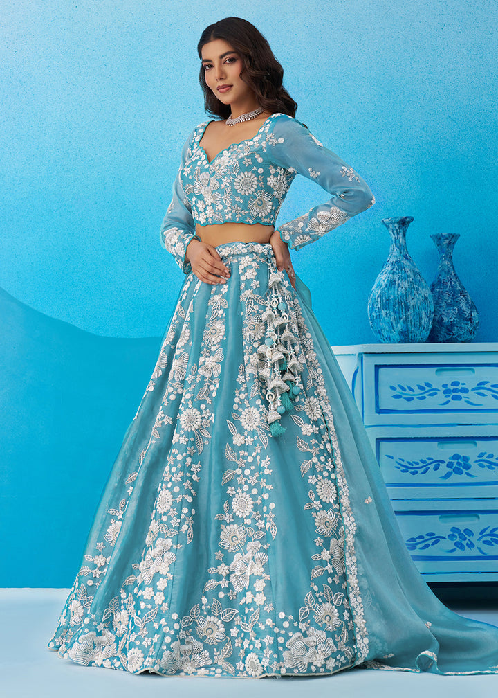 Buy Now Green Heavy Beads Designer Party Lehenga Choli Online in US, UK, Canada, France, Italy, Germany, Australia, Greece, Sweden, UAE & Worldwide at Empress.