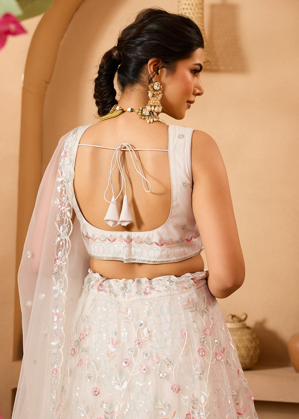 Buy Now Cream Sequins Embroidered Net Designer Party Lehenga Choli Online in US, UK, Canada, France, Italy, Germany, Sweden, Denmark & Worldwide at Empress.