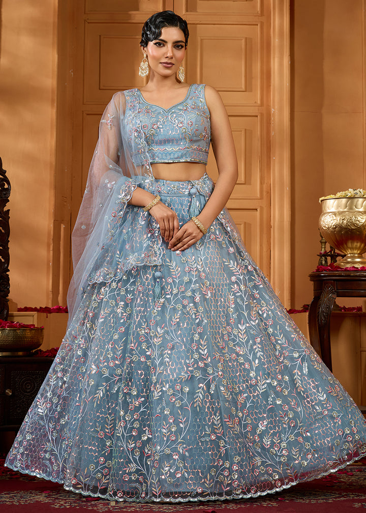 Buy Now Grey Sequins Embroidered Net Designer Party Lehenga Choli Online in US, UK, Canada, France, Italy, Germany, Sweden, Denmark & Worldwide at Empress.