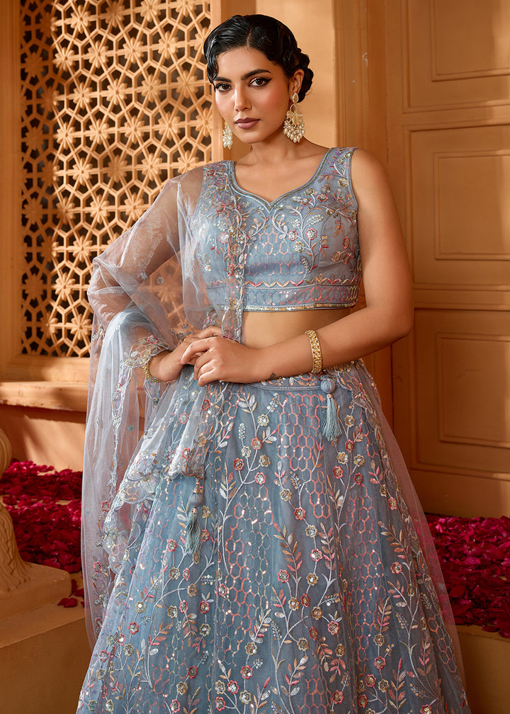 Buy Now Grey Sequins Embroidered Net Designer Party Lehenga Choli Online in US, UK, Canada, France, Italy, Germany, Sweden, Denmark & Worldwide at Empress.
