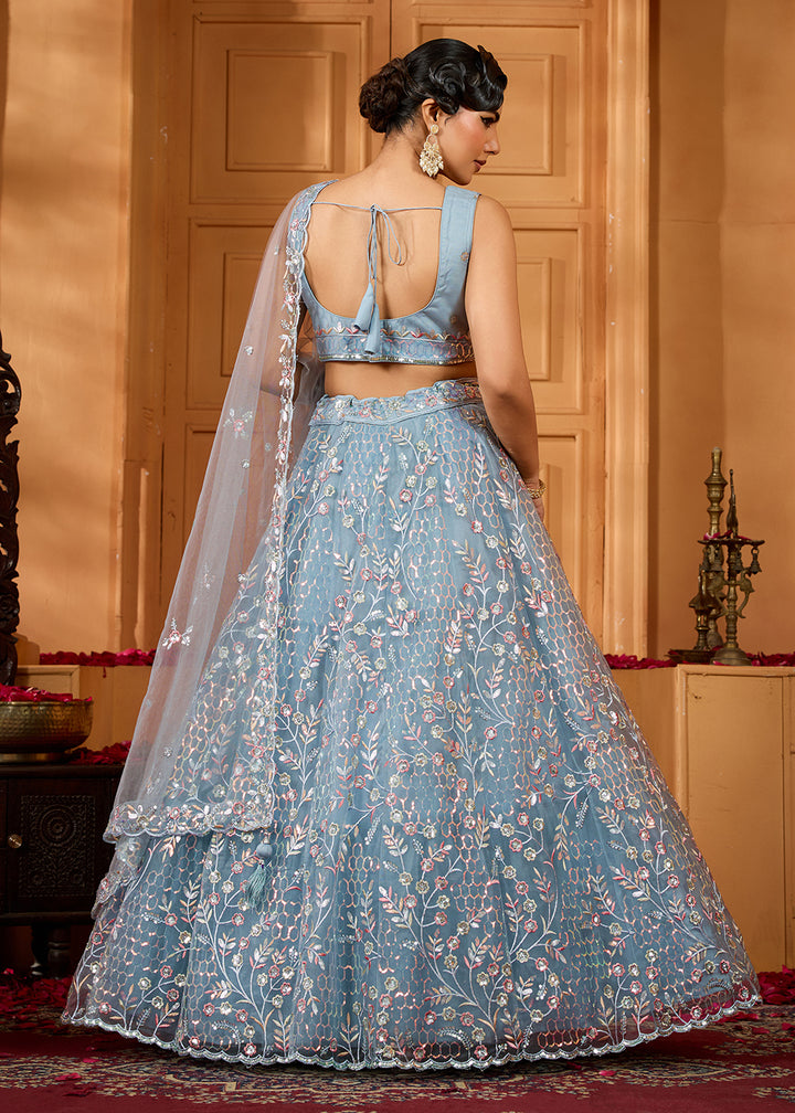 Buy Now Grey Sequins Embroidered Net Designer Party Lehenga Choli Online in US, UK, Canada, France, Italy, Germany, Sweden, Denmark & Worldwide at Empress.