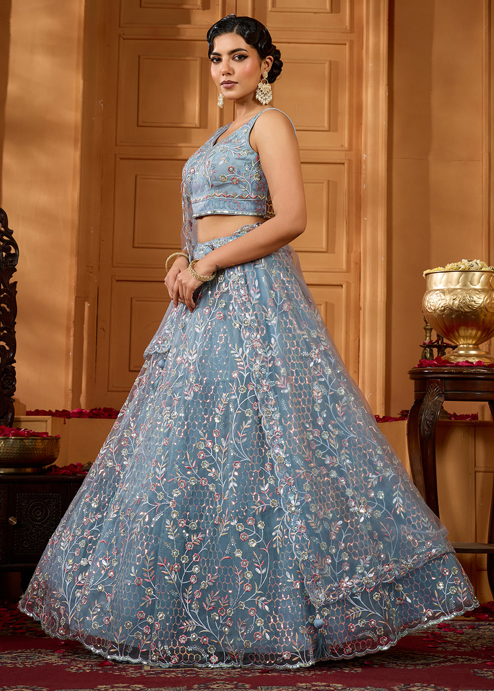 Buy Now Grey Sequins Embroidered Net Designer Party Lehenga Choli Online in US, UK, Canada, France, Italy, Germany, Sweden, Denmark & Worldwide at Empress.