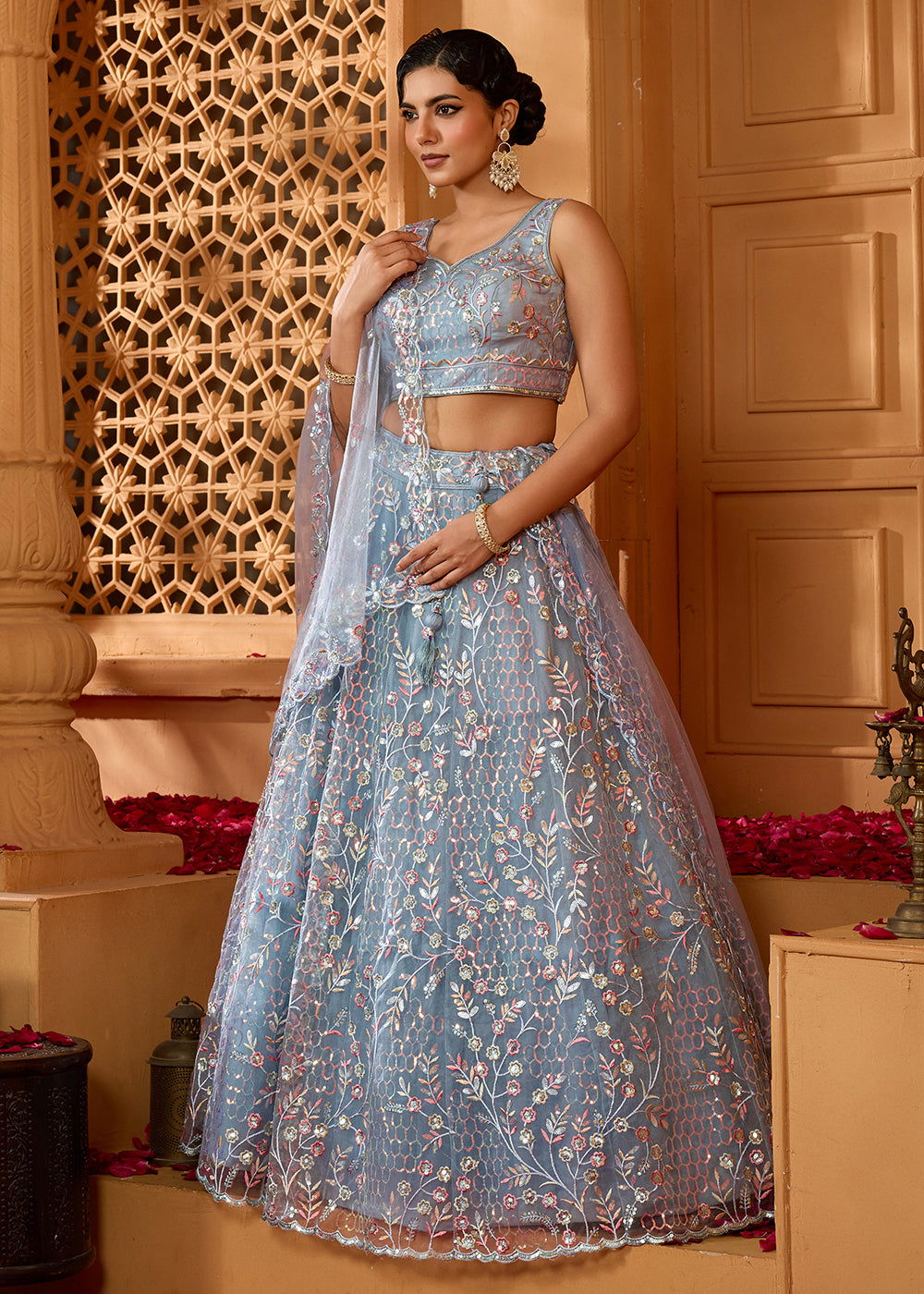 Buy Now Grey Sequins Embroidered Net Designer Party Lehenga Choli Online in US, UK, Canada, France, Italy, Germany, Sweden, Denmark & Worldwide at Empress.