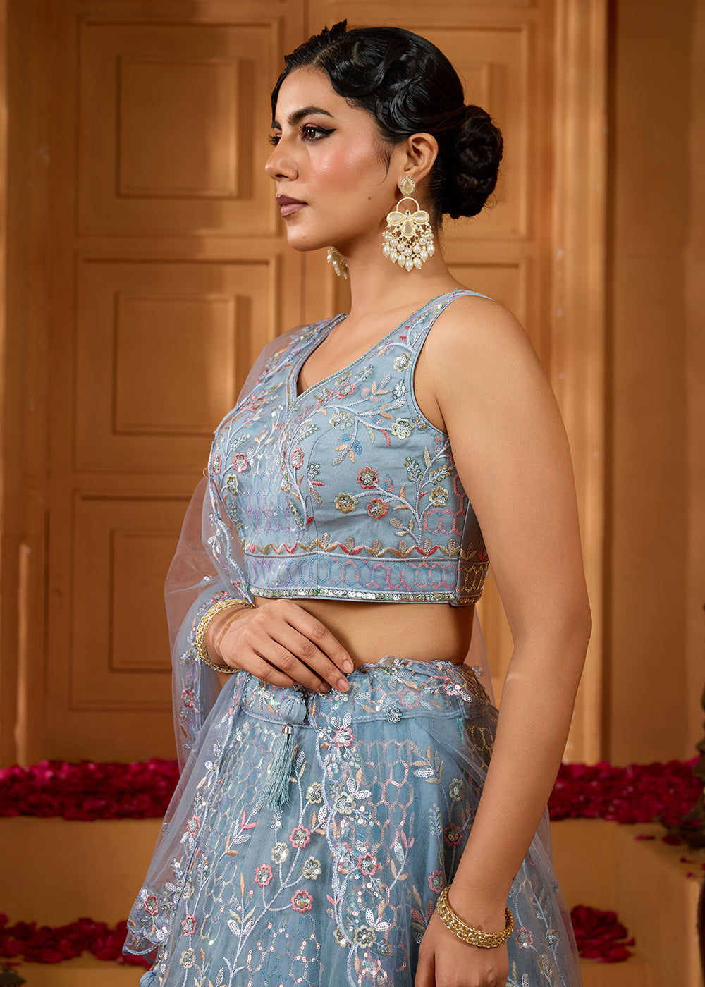 Buy Now Grey Sequins Embroidered Net Designer Party Lehenga Choli Online in US, UK, Canada, France, Italy, Germany, Sweden, Denmark & Worldwide at Empress.
