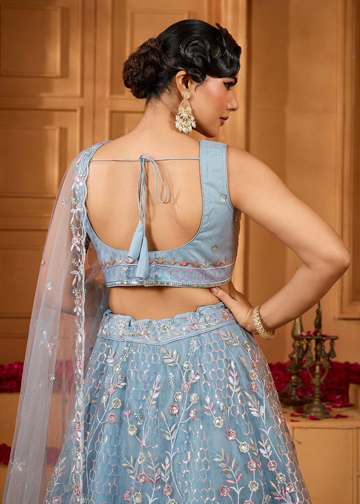 Buy Now Grey Sequins Embroidered Net Designer Party Lehenga Choli Online in US, UK, Canada, France, Italy, Germany, Sweden, Denmark & Worldwide at Empress.