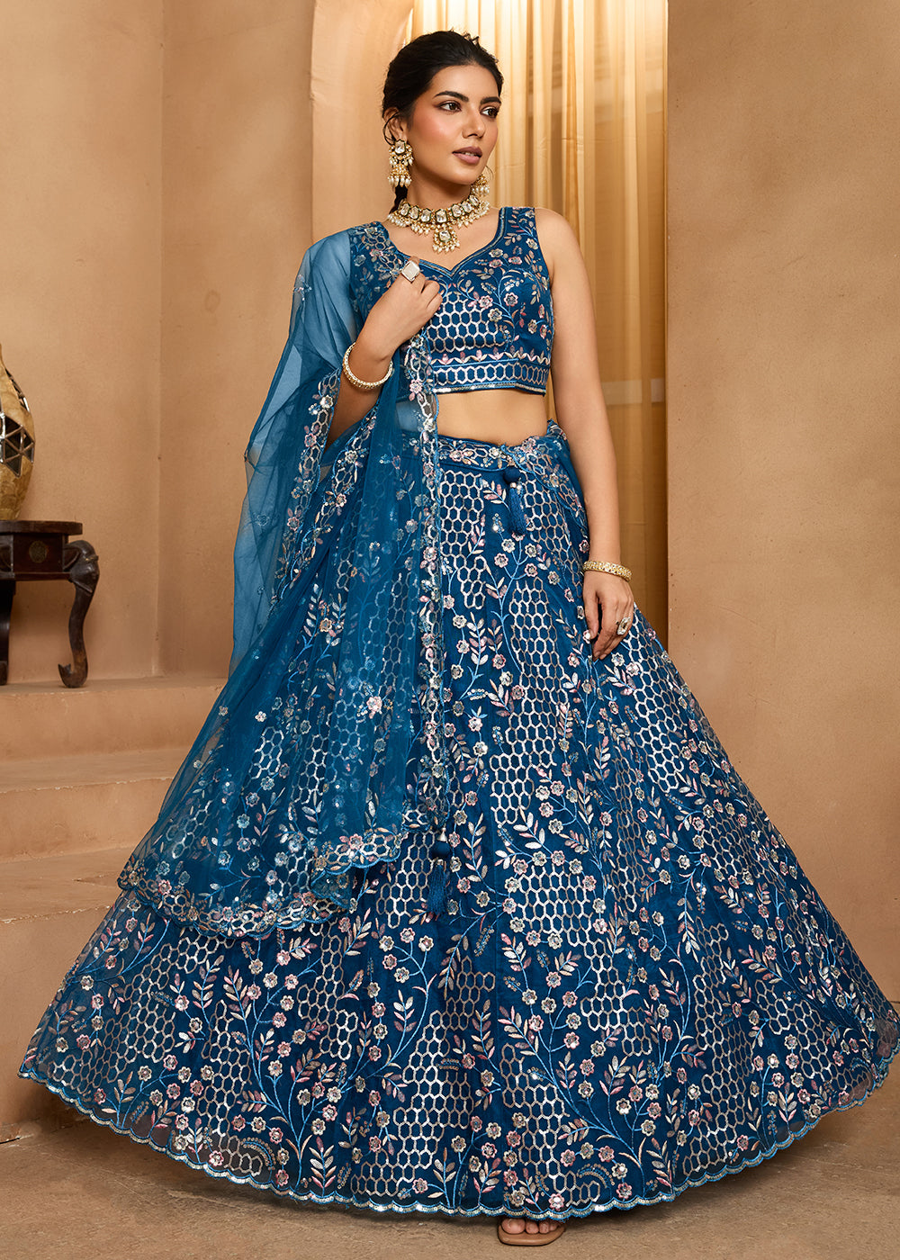 Buy Now Navy Blue  Sequins Embroidered Net Designer Party Lehenga Choli Online in US, UK, Canada, France, Italy, Germany, Sweden, Denmark & Worldwide at Empress.