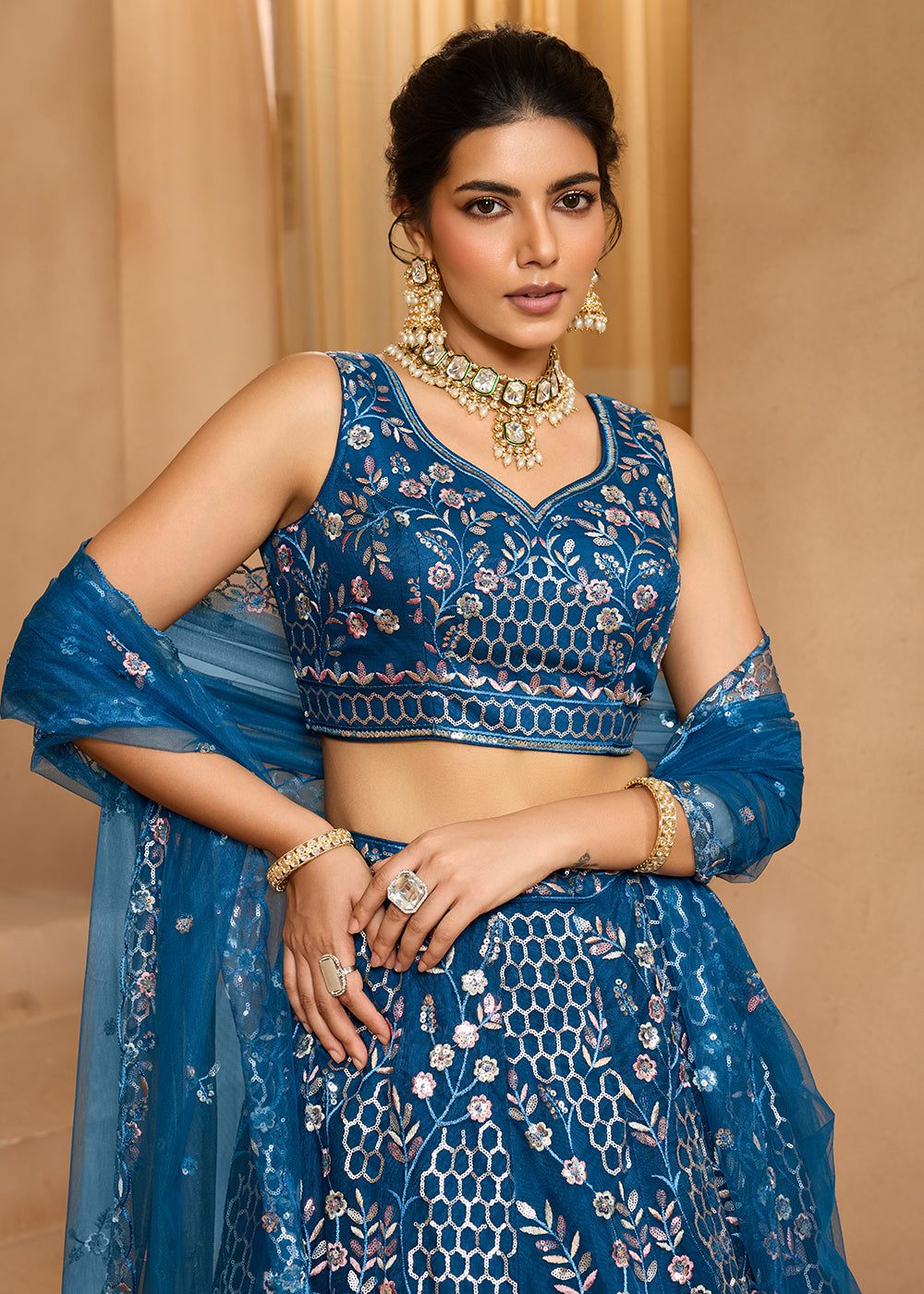Buy Now Navy Blue  Sequins Embroidered Net Designer Party Lehenga Choli Online in US, UK, Canada, France, Italy, Germany, Sweden, Denmark & Worldwide at Empress.