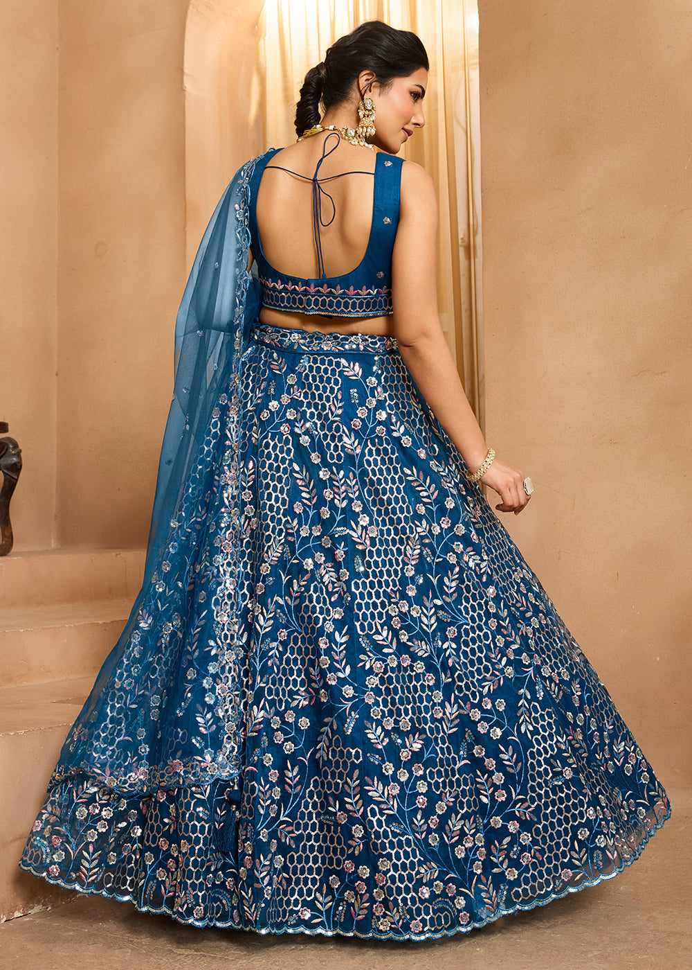 Buy Now Navy Blue  Sequins Embroidered Net Designer Party Lehenga Choli Online in US, UK, Canada, France, Italy, Germany, Sweden, Denmark & Worldwide at Empress.