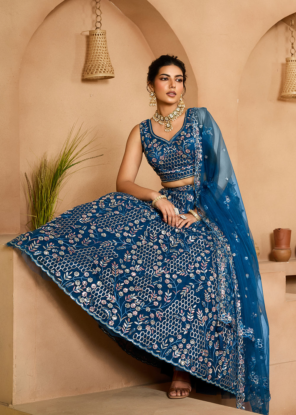 Buy Now Navy Blue  Sequins Embroidered Net Designer Party Lehenga Choli Online in US, UK, Canada, France, Italy, Germany, Sweden, Denmark & Worldwide at Empress.