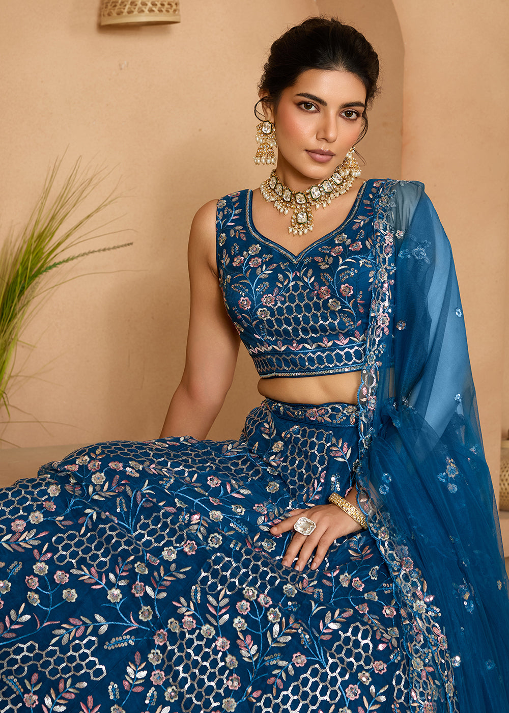 Buy Now Navy Blue  Sequins Embroidered Net Designer Party Lehenga Choli Online in US, UK, Canada, France, Italy, Germany, Sweden, Denmark & Worldwide at Empress.