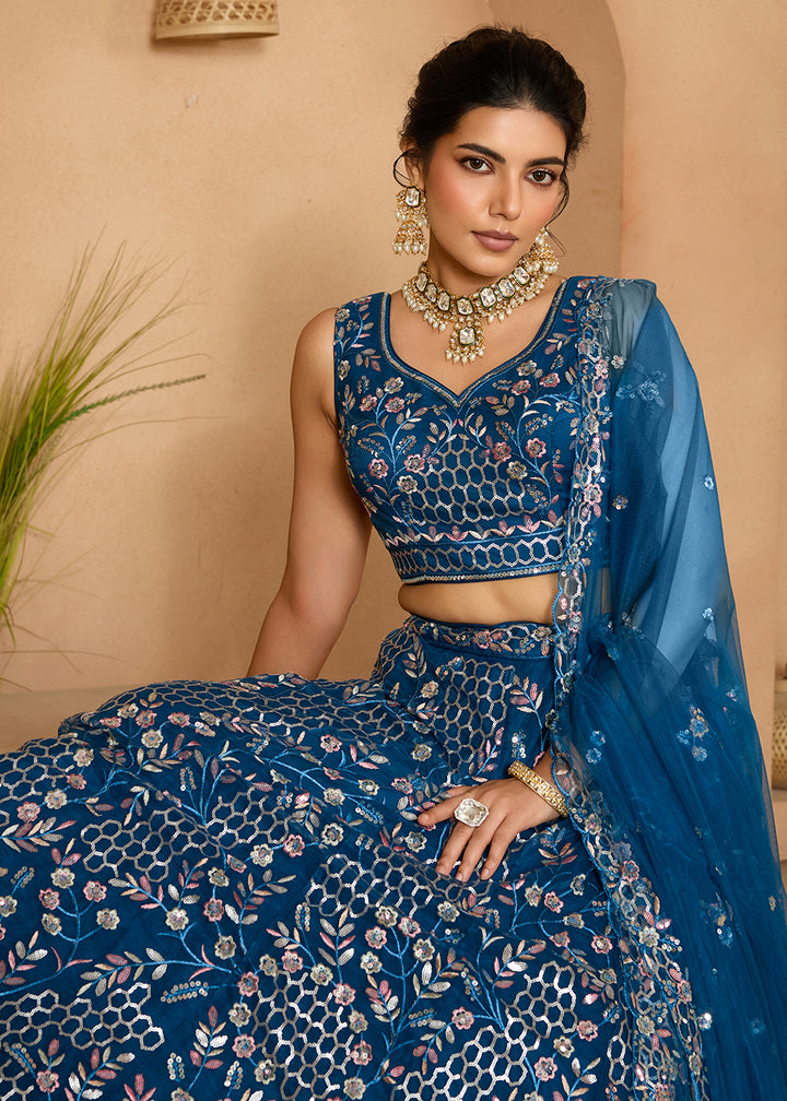 Buy Now Navy Blue  Sequins Embroidered Net Designer Party Lehenga Choli Online in US, UK, Canada, France, Italy, Germany, Sweden, Denmark & Worldwide at Empress.