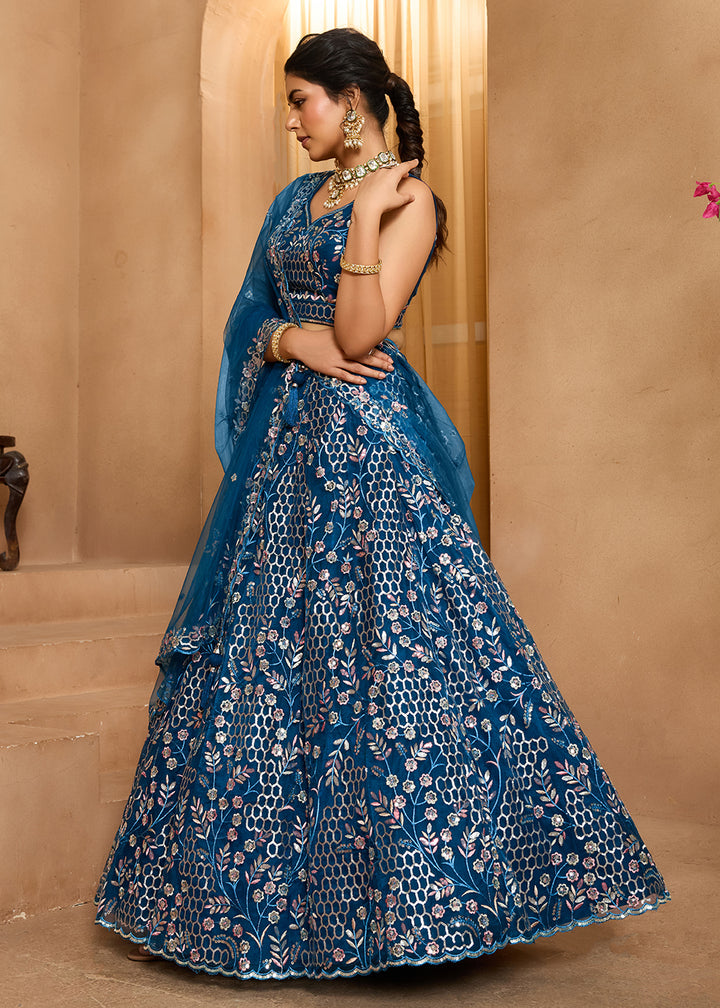 Buy Now Navy Blue  Sequins Embroidered Net Designer Party Lehenga Choli Online in US, UK, Canada, France, Italy, Germany, Sweden, Denmark & Worldwide at Empress.