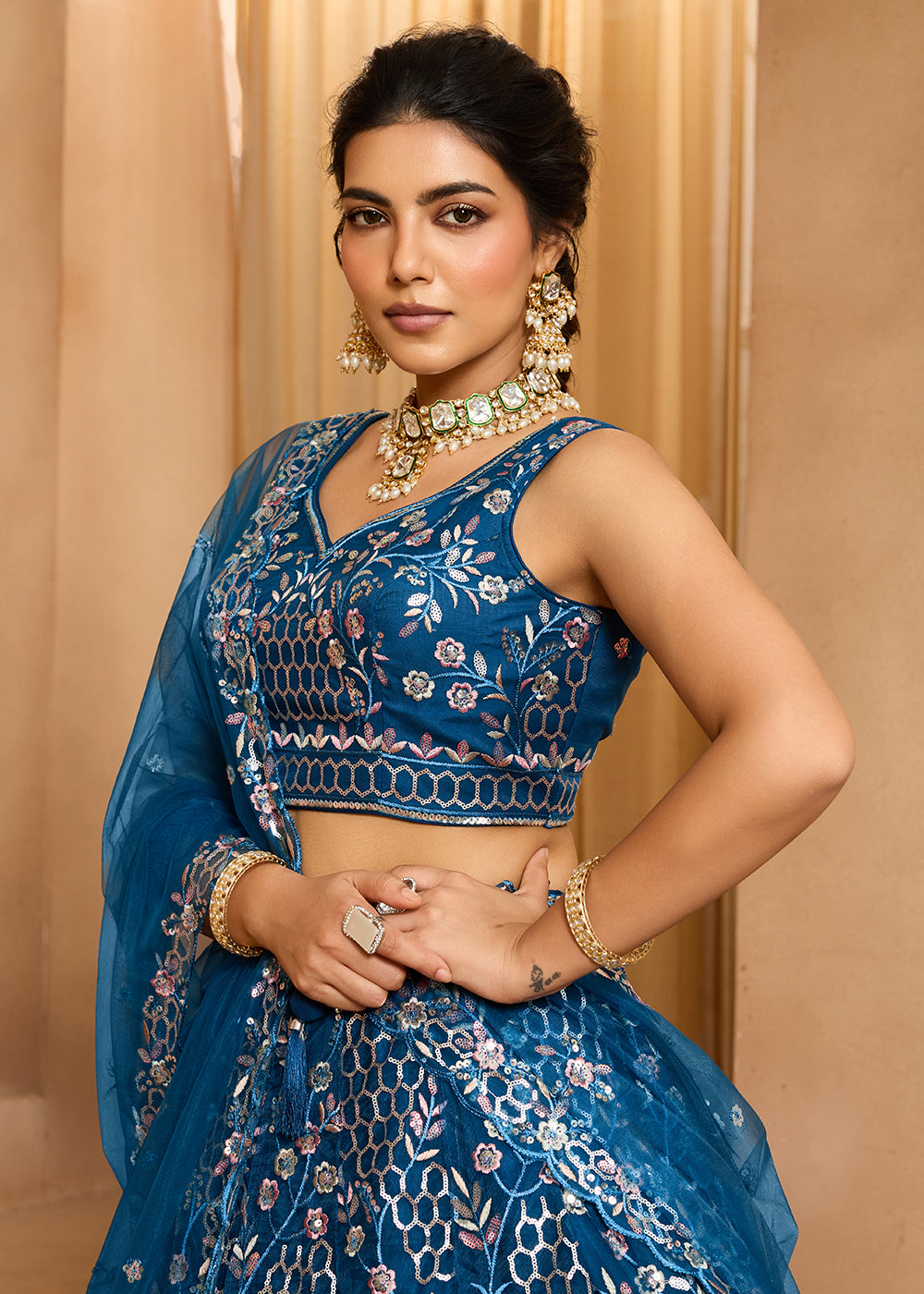 Buy Now Navy Blue  Sequins Embroidered Net Designer Party Lehenga Choli Online in US, UK, Canada, France, Italy, Germany, Sweden, Denmark & Worldwide at Empress.