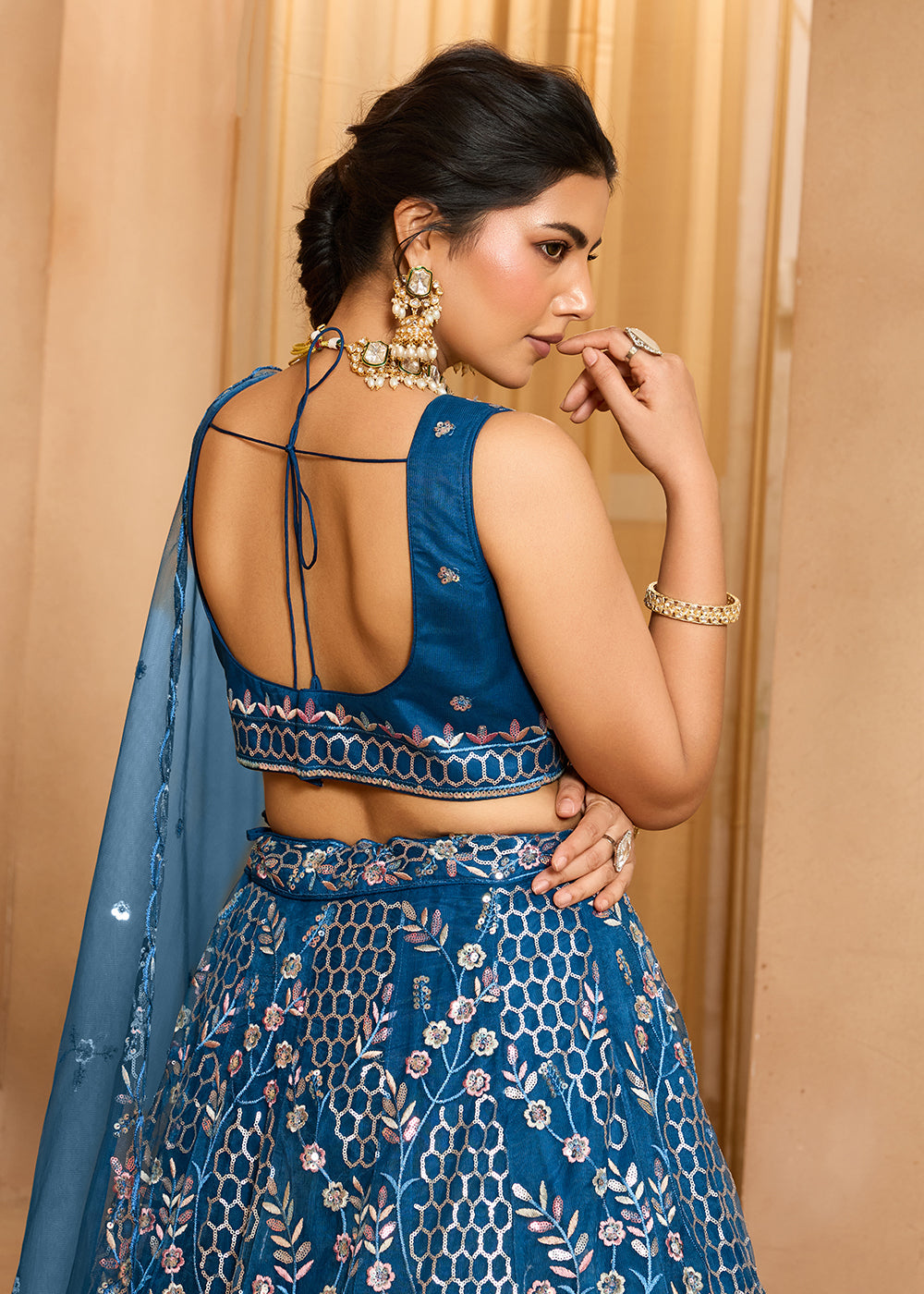 Buy Now Navy Blue  Sequins Embroidered Net Designer Party Lehenga Choli Online in US, UK, Canada, France, Italy, Germany, Sweden, Denmark & Worldwide at Empress.