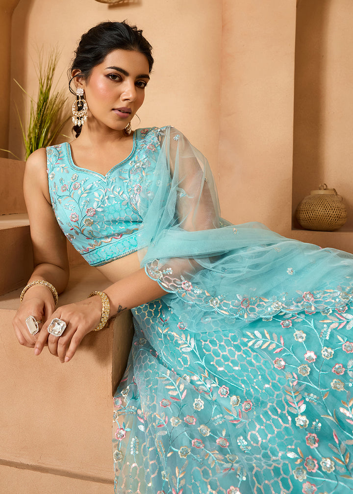 Buy Now Sea Green Sequins Embroidered Net Designer Party Lehenga Choli Online in US, UK, Canada, France, Italy, Germany, Sweden, Denmark & Worldwide at Empress.