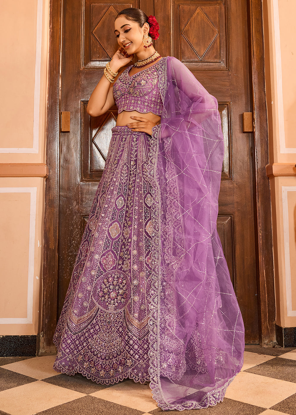 Buy Now Lavender Premium Quality Net Wedding Festive Lehenga Choli Online in US, UK, Canada, France, Germany, Sweden, Greece, Denmark,UAE & Worldwide at Empress