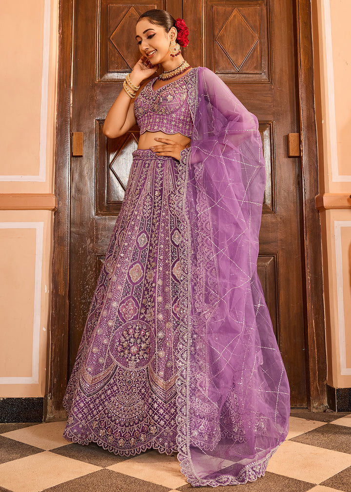 Buy Now Lavender Premium Quality Net Wedding Festive Lehenga Choli Online in US, UK, Canada, France, Germany, Sweden, Greece, Denmark,UAE & Worldwide at Empress