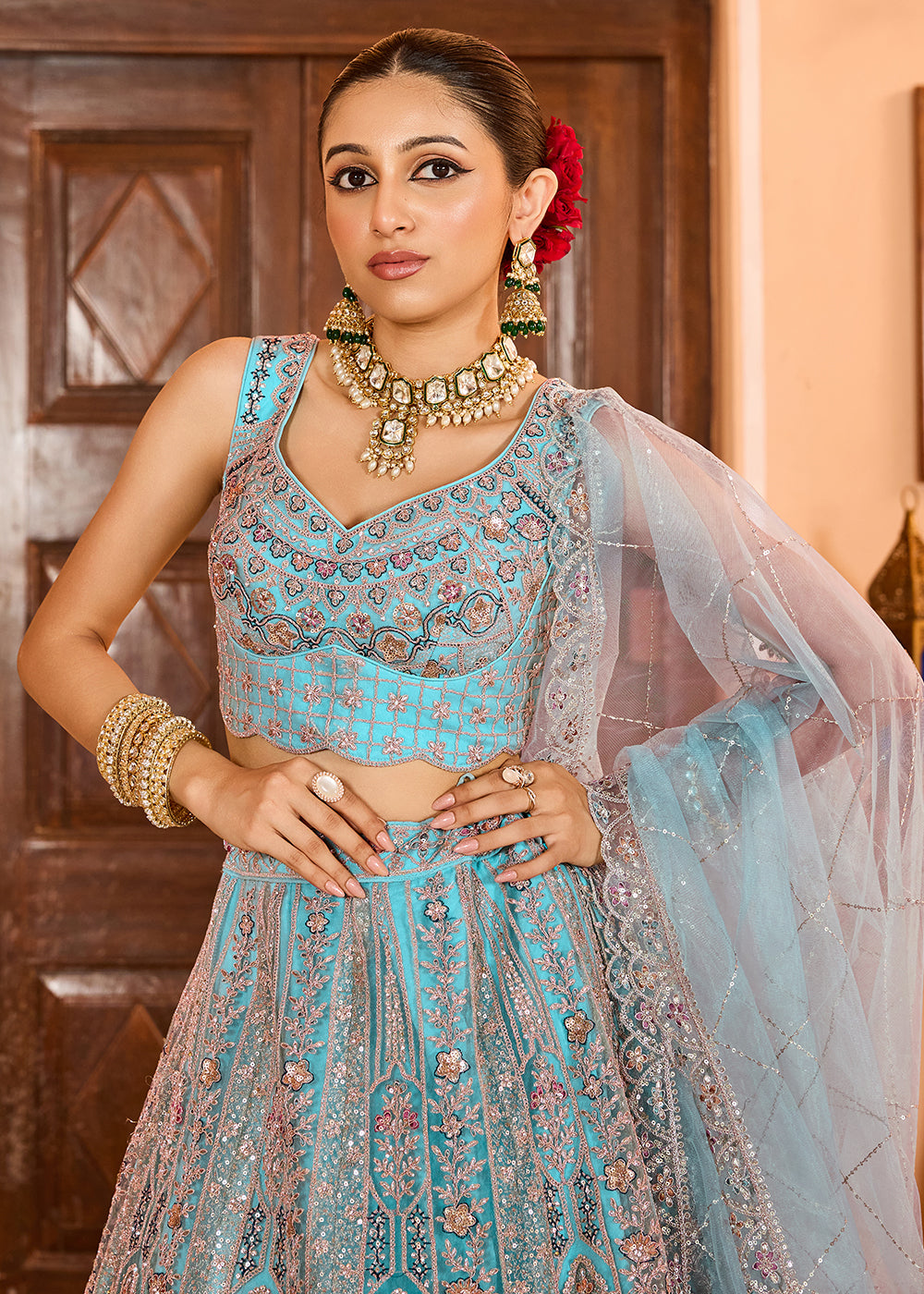 Buy Now Turquoise Premium Quality Net Wedding Festive Lehenga Choli Online in US, UK, Canada, France, Germany, Sweden, Greece, Denmark & Worldwide at Empress.