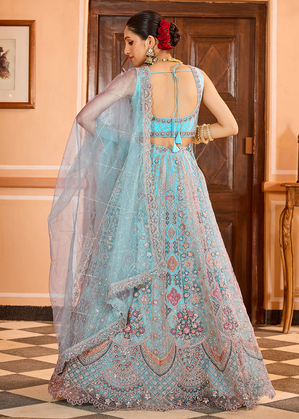 Buy Now Turquoise Premium Quality Net Wedding Festive Lehenga Choli Online in US, UK, Canada, France, Germany, Sweden, Greece, Denmark & Worldwide at Empress.