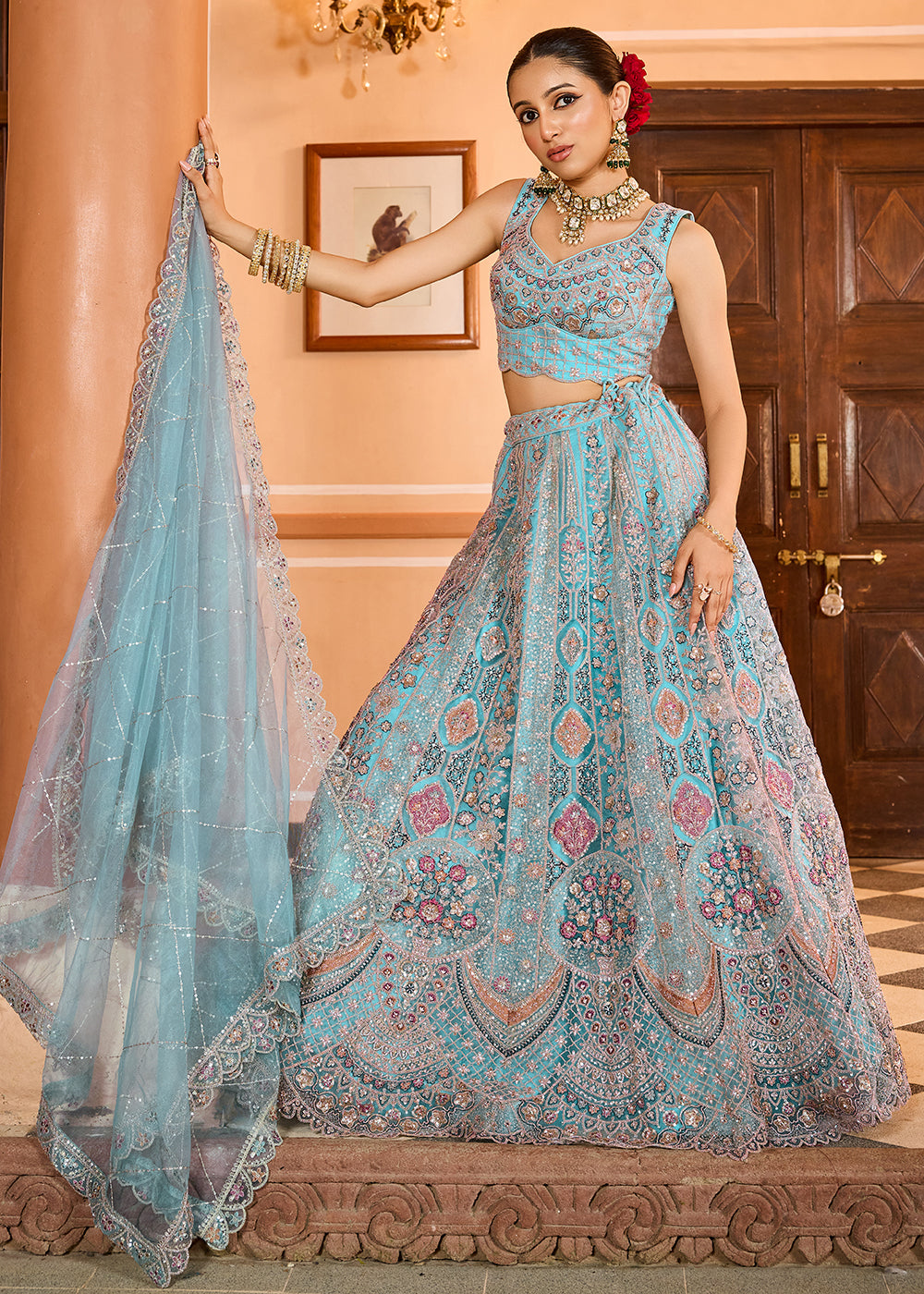 Buy Now Turquoise Premium Quality Net Wedding Festive Lehenga Choli Online in US, UK, Canada, France, Germany, Sweden, Greece, Denmark & Worldwide at Empress.
