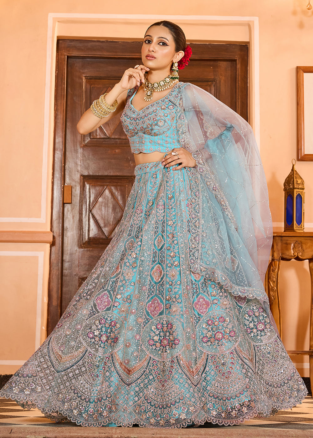 Buy Now Turquoise Premium Quality Net Wedding Festive Lehenga Choli Online in US, UK, Canada, France, Germany, Sweden, Greece, Denmark & Worldwide at Empress.