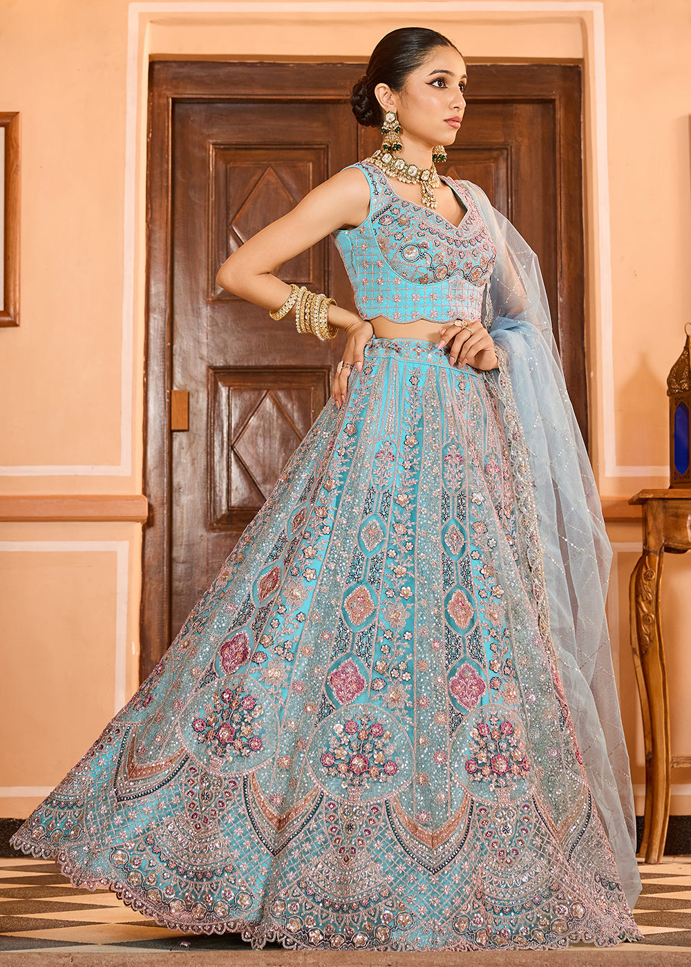 Buy Now Turquoise Premium Quality Net Wedding Festive Lehenga Choli Online in US, UK, Canada, France, Germany, Sweden, Greece, Denmark & Worldwide at Empress.