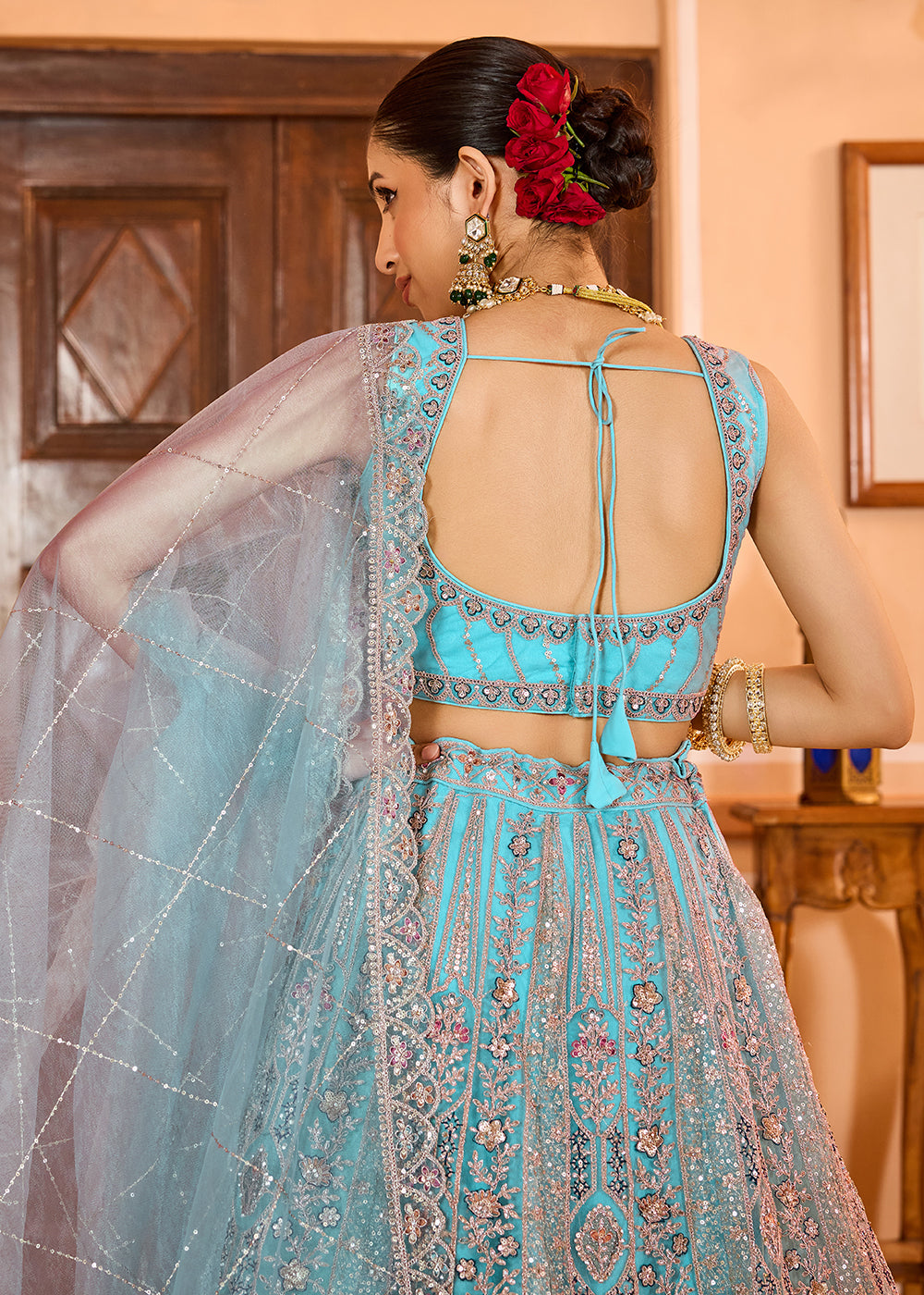 Buy Now Turquoise Premium Quality Net Wedding Festive Lehenga Choli Online in US, UK, Canada, France, Germany, Sweden, Greece, Denmark & Worldwide at Empress.
