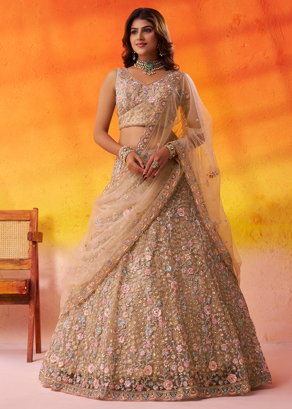 Buy Now Special Wedding Festive Beige Net Lehenga Choli Online in US, UK, Canada, France, Germany, Sweden, Greece, Denmark, Spain, UAE & Worldwide at Empress.