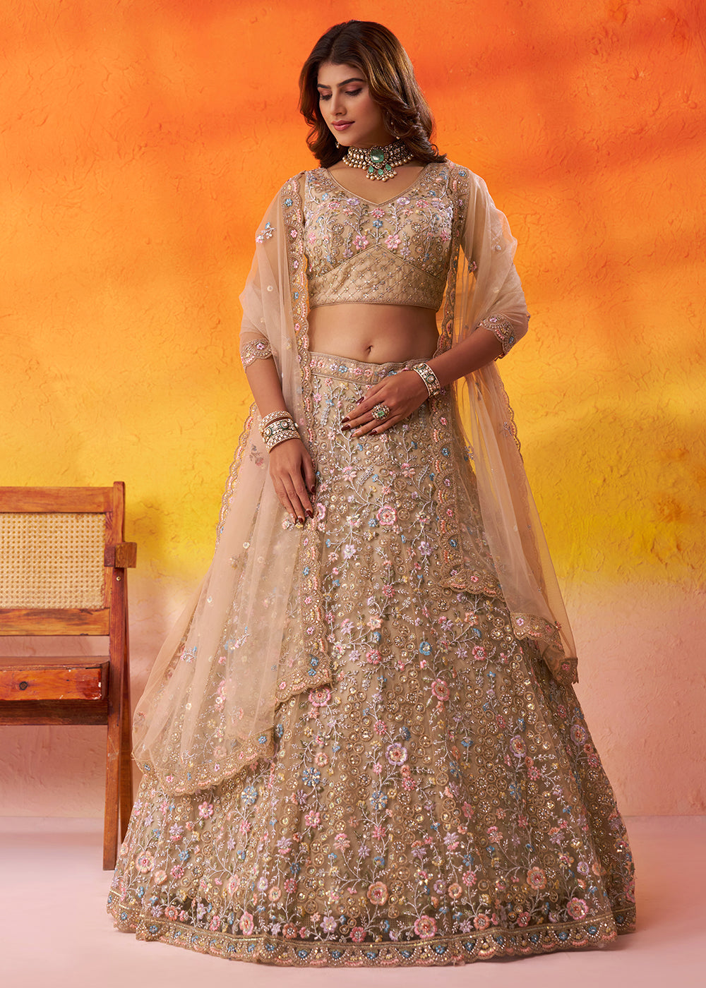 Buy Now Special Wedding Festive Beige Net Lehenga Choli Online in US, UK, Canada, France, Germany, Sweden, Greece, Denmark, Spain, UAE & Worldwide at Empress.