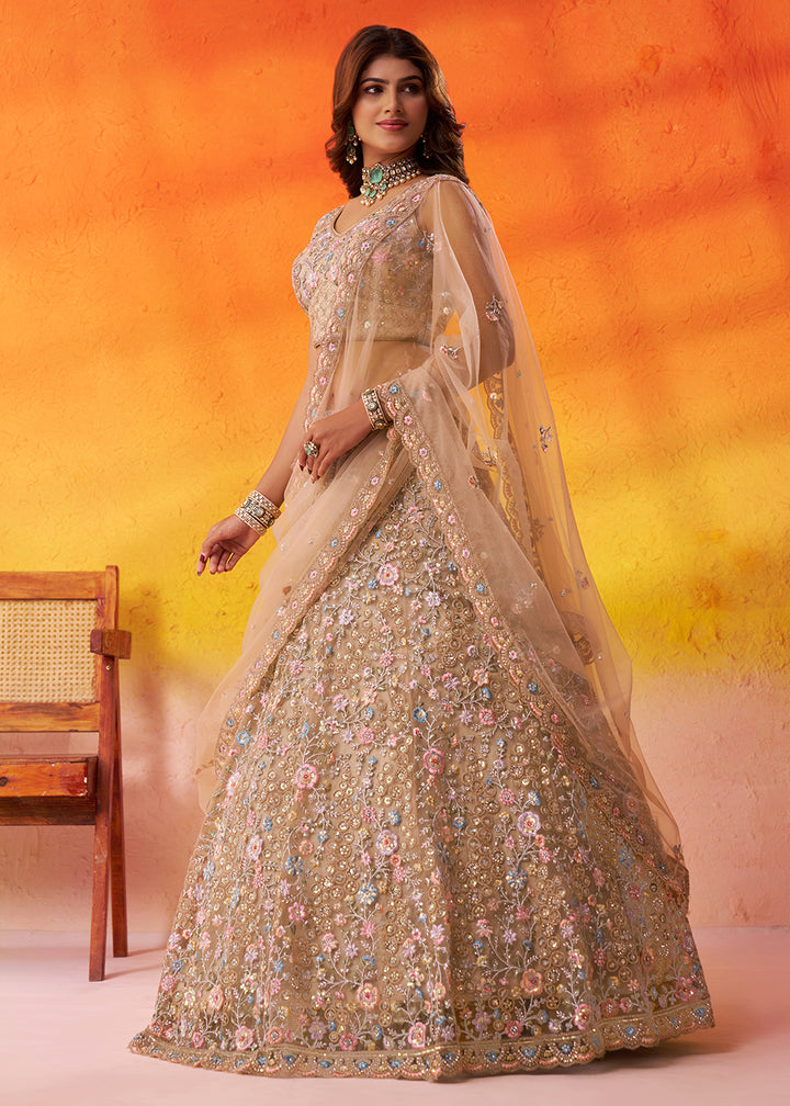 Buy Now Special Wedding Festive Beige Net Lehenga Choli Online in US, UK, Canada, France, Germany, Sweden, Greece, Denmark, Spain, UAE & Worldwide at Empress.