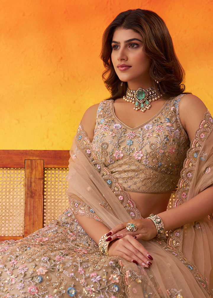 Buy Now Special Wedding Festive Beige Net Lehenga Choli Online in US, UK, Canada, France, Germany, Sweden, Greece, Denmark, Spain, UAE & Worldwide at Empress.