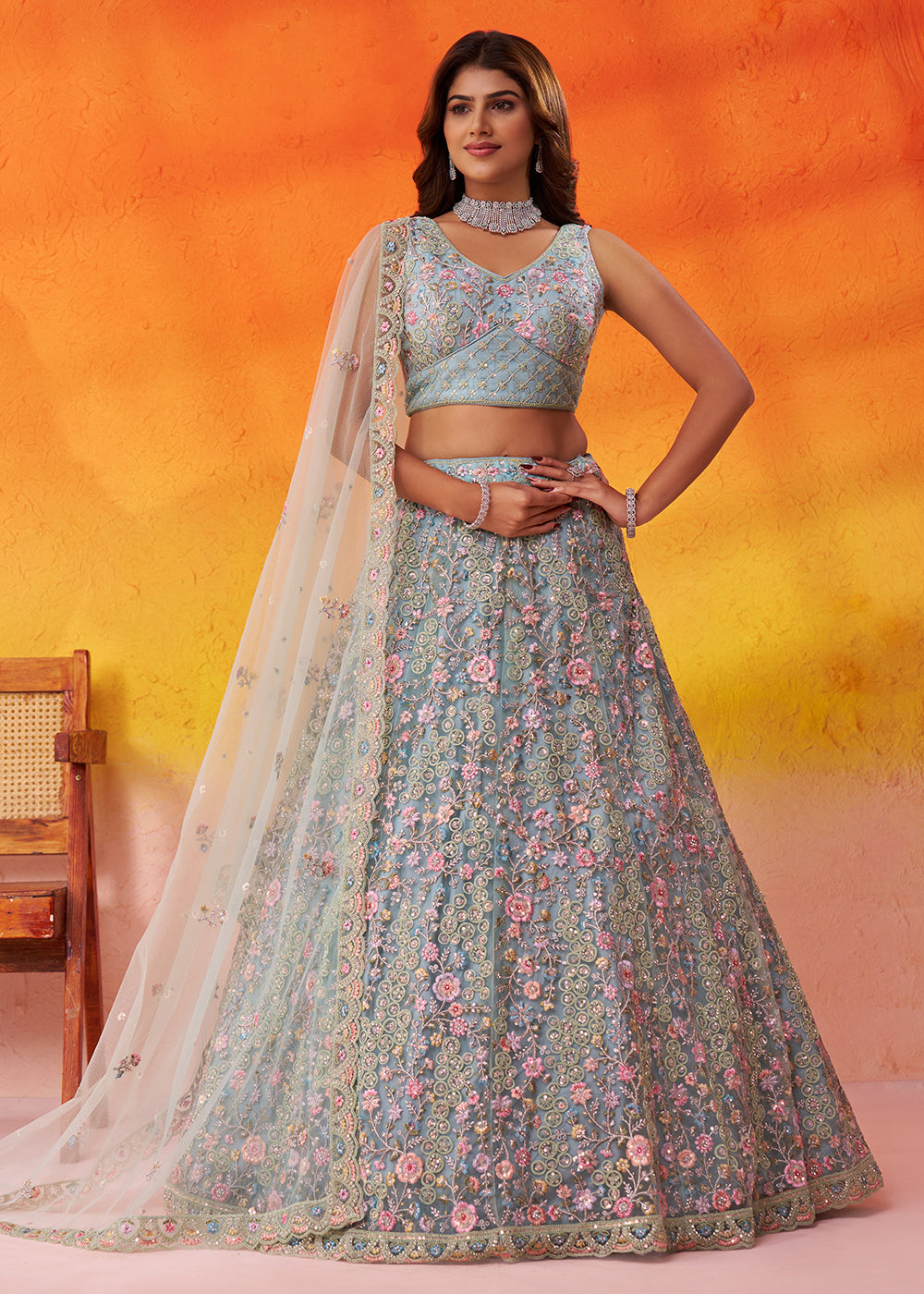 Buy Now Special Wedding Festive Green Net Lehenga Choli Online in US, UK, Canada, France, Germany, Sweden, Greece, Denmark, Spain, UAE & Worldwide at Empress.