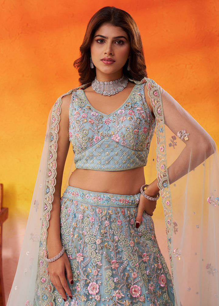 Buy Now Special Wedding Festive Green Net Lehenga Choli Online in US, UK, Canada, France, Germany, Sweden, Greece, Denmark, Spain, UAE & Worldwide at Empress.