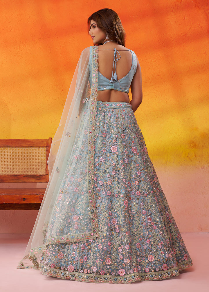 Buy Now Special Wedding Festive Green Net Lehenga Choli Online in US, UK, Canada, France, Germany, Sweden, Greece, Denmark, Spain, UAE & Worldwide at Empress.