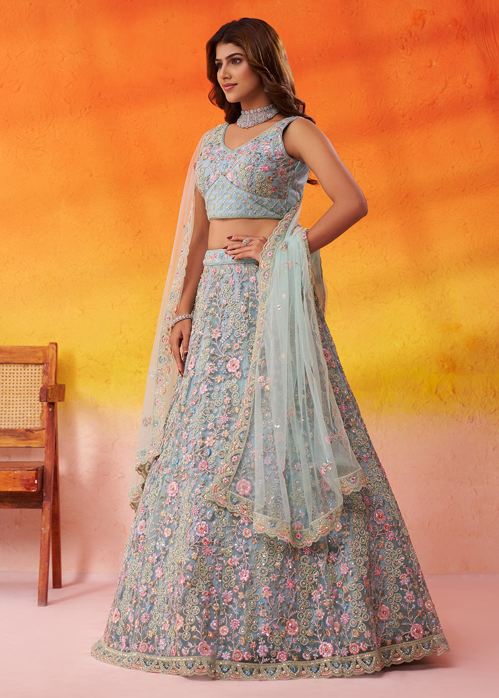 Buy Now Special Wedding Festive Green Net Lehenga Choli Online in US, UK, Canada, France, Germany, Sweden, Greece, Denmark, Spain, UAE & Worldwide at Empress.