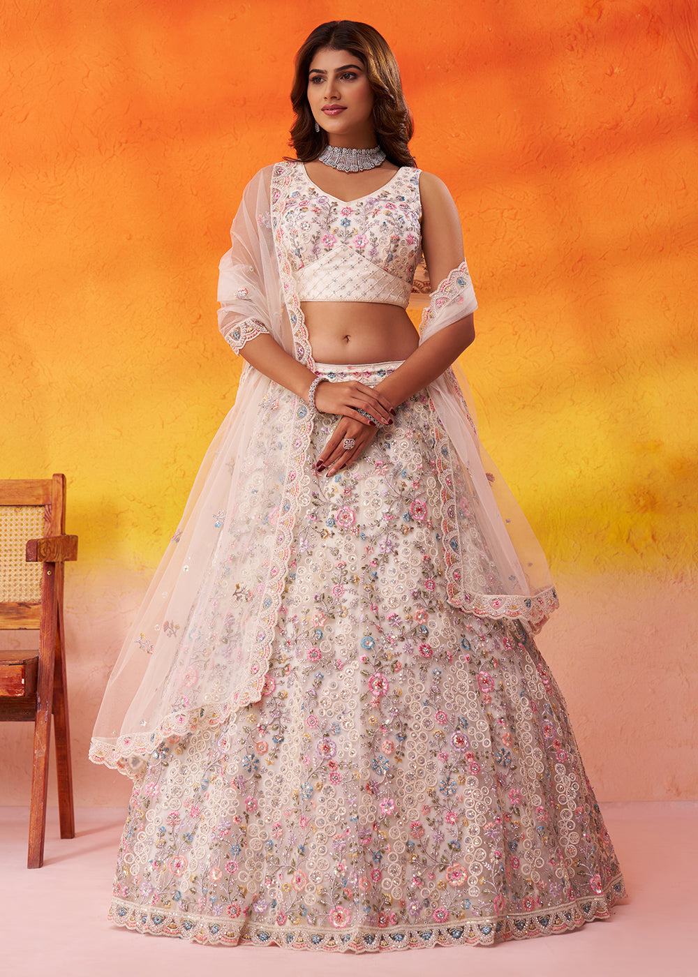 Buy Now Special Wedding Festive White Net Lehenga Choli Online in US, UK, Canada, France, Germany, Sweden, Greece, Denmark, Spain, UAE & Worldwide at Empress.