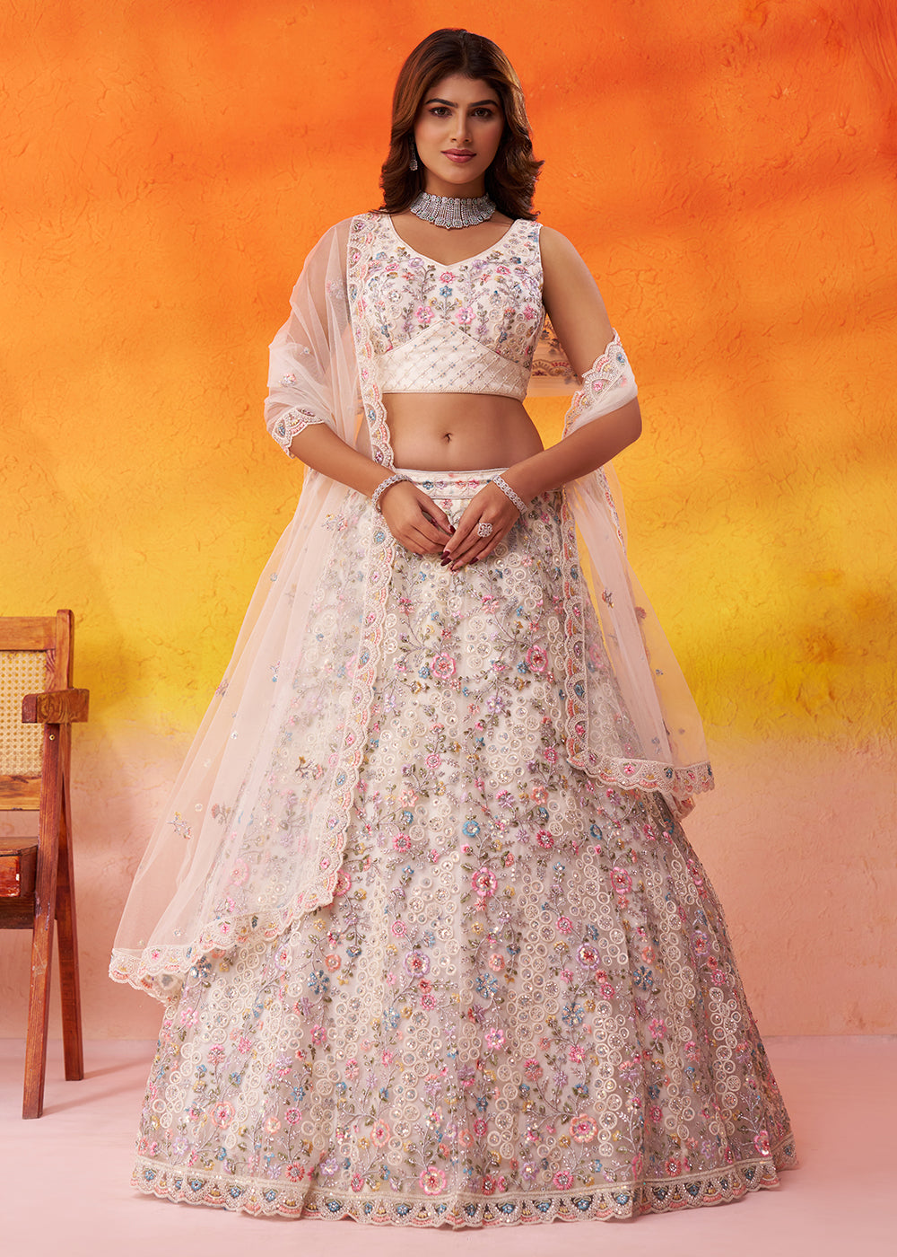 Buy Now Special Wedding Festive White Net Lehenga Choli Online in US, UK, Canada, France, Germany, Sweden, Greece, Denmark, Spain, UAE & Worldwide at Empress.