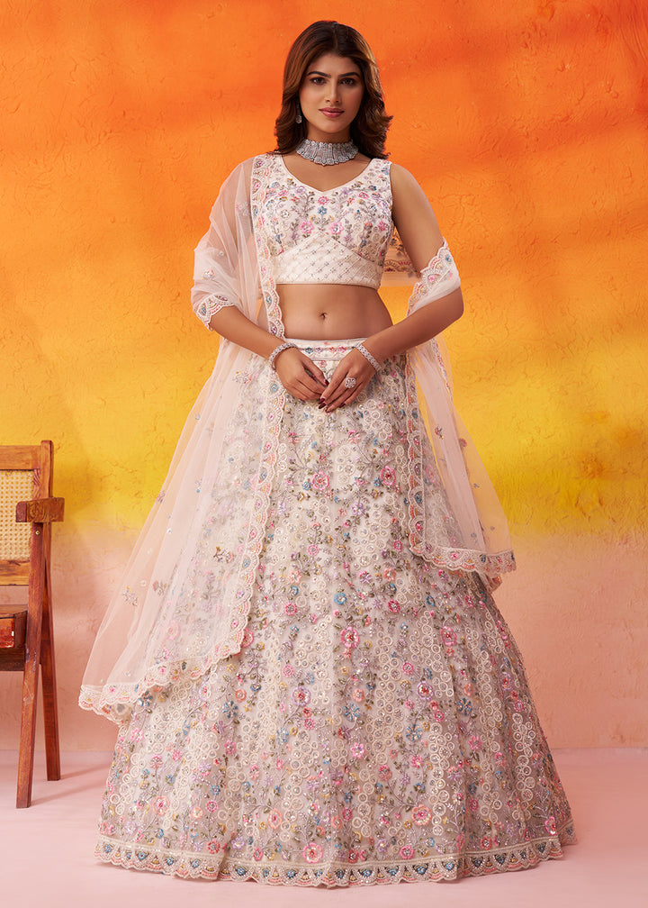 Buy Now Special Wedding Festive White Net Lehenga Choli Online in US, UK, Canada, France, Germany, Sweden, Greece, Denmark, Spain, UAE & Worldwide at Empress.