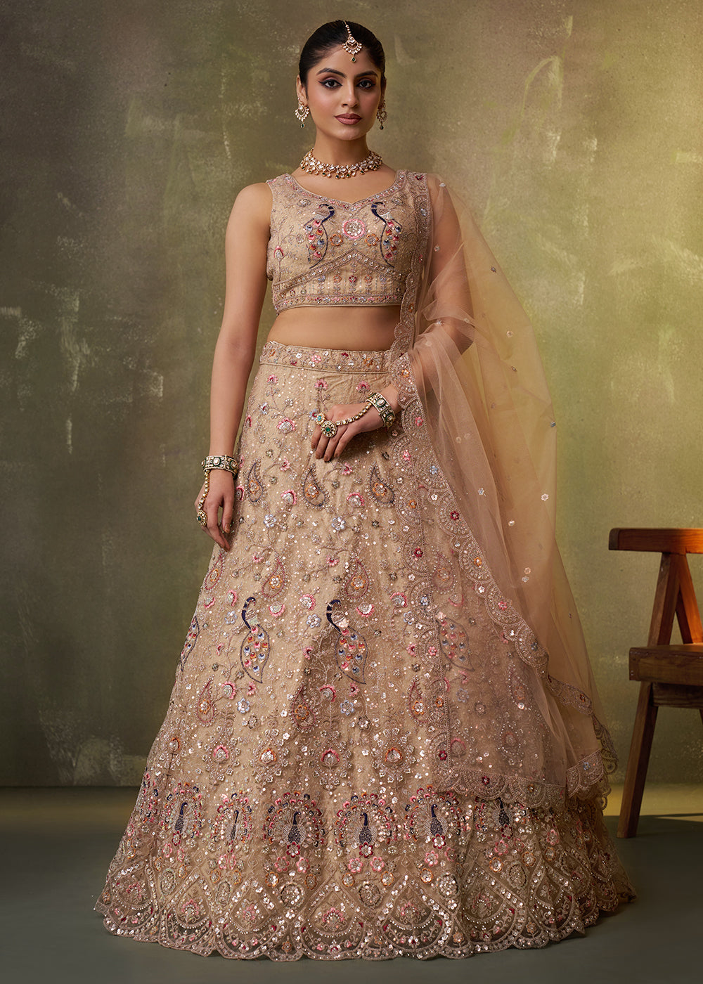 Buy Now Beige Stone & Cording Work Net Lehenga Choli Online in US, UK, Canada, France, Germany, Sweden, Greece, Denmark, Italy, Africa & Worldwide at Empress.
