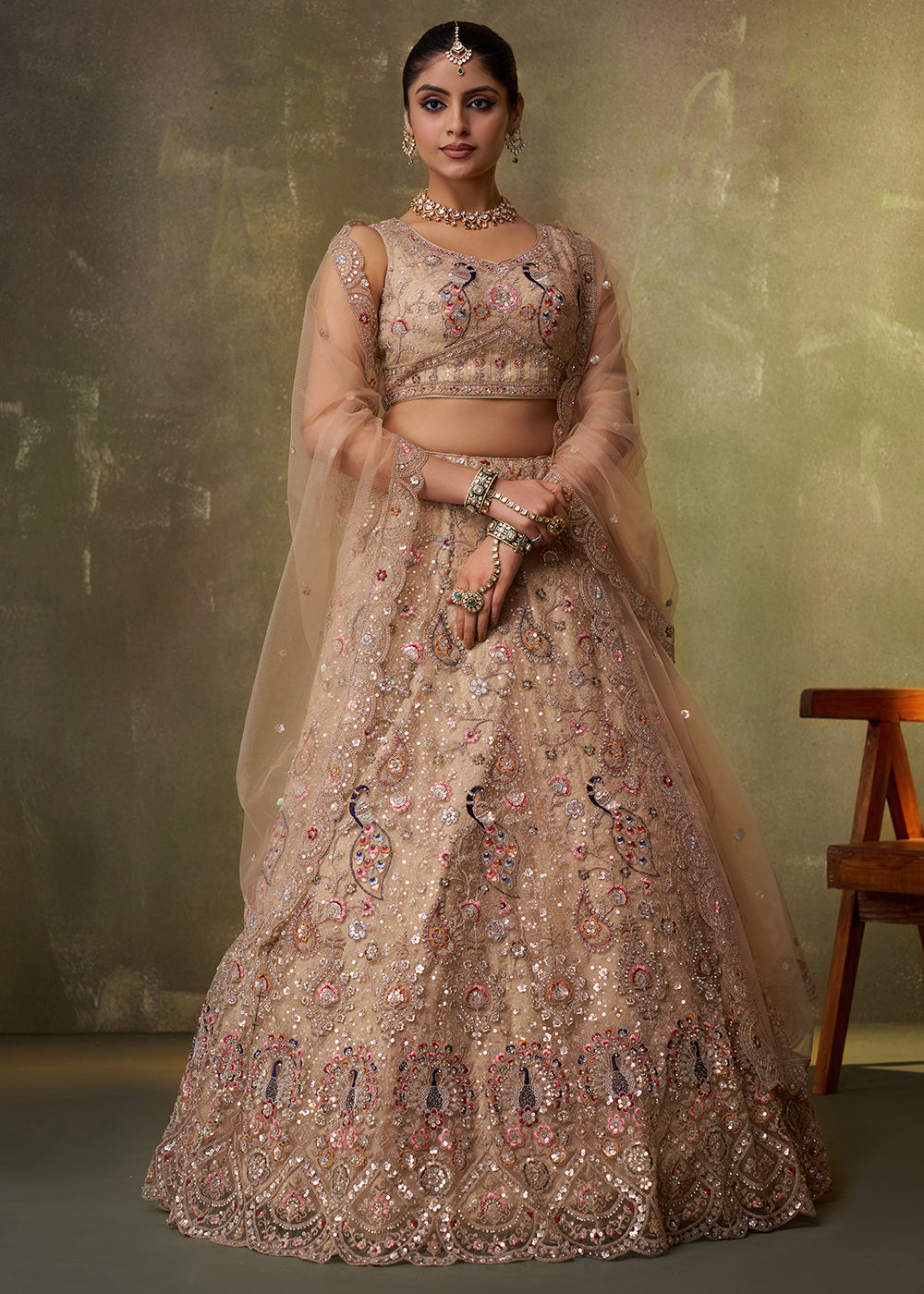 Buy Now Beige Stone & Cording Work Net Lehenga Choli Online in US, UK, Canada, France, Germany, Sweden, Greece, Denmark, Italy, Africa & Worldwide at Empress.