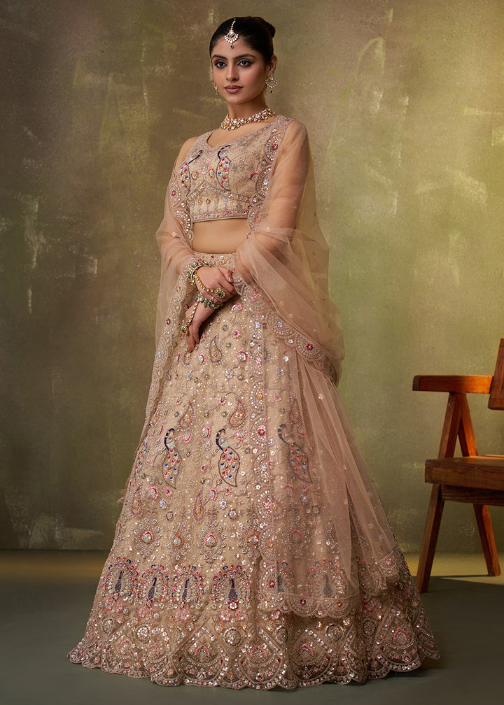 Buy Now Beige Stone & Cording Work Net Lehenga Choli Online in US, UK, Canada, France, Germany, Sweden, Greece, Denmark, Italy, Africa & Worldwide at Empress.