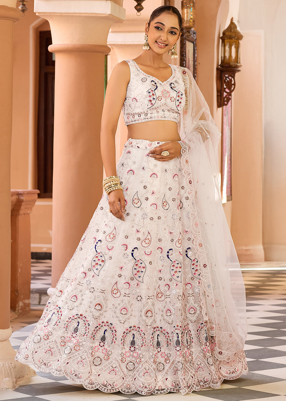 Buy Now Cream Stone & Cording Work Net Lehenga Choli Online in US, UK, Canada, France, Germany, Sweden, Greece, Denmark, Italy, Africa & Worldwide at Empress.