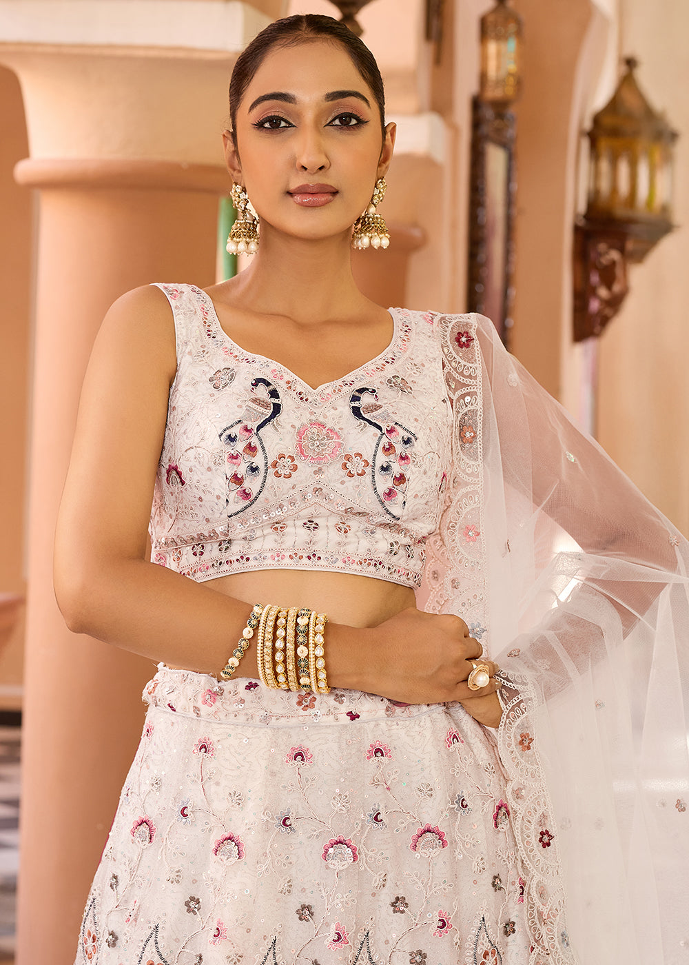 Buy Now Cream Stone & Cording Work Net Lehenga Choli Online in US, UK, Canada, France, Germany, Sweden, Greece, Denmark, Italy, Africa & Worldwide at Empress.