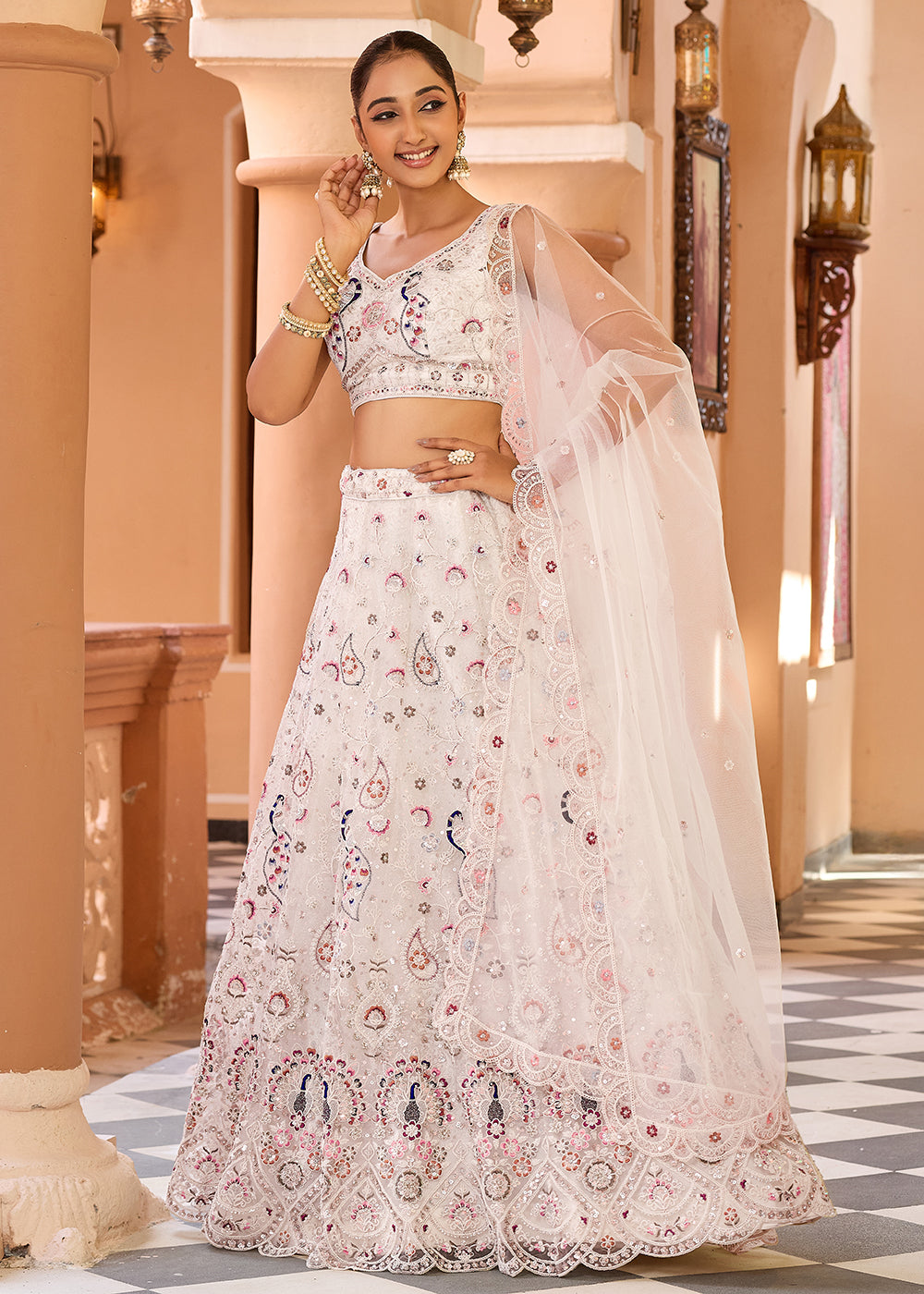 Buy Now Cream Stone & Cording Work Net Lehenga Choli Online in US, UK, Canada, France, Germany, Sweden, Greece, Denmark, Italy, Africa & Worldwide at Empress.