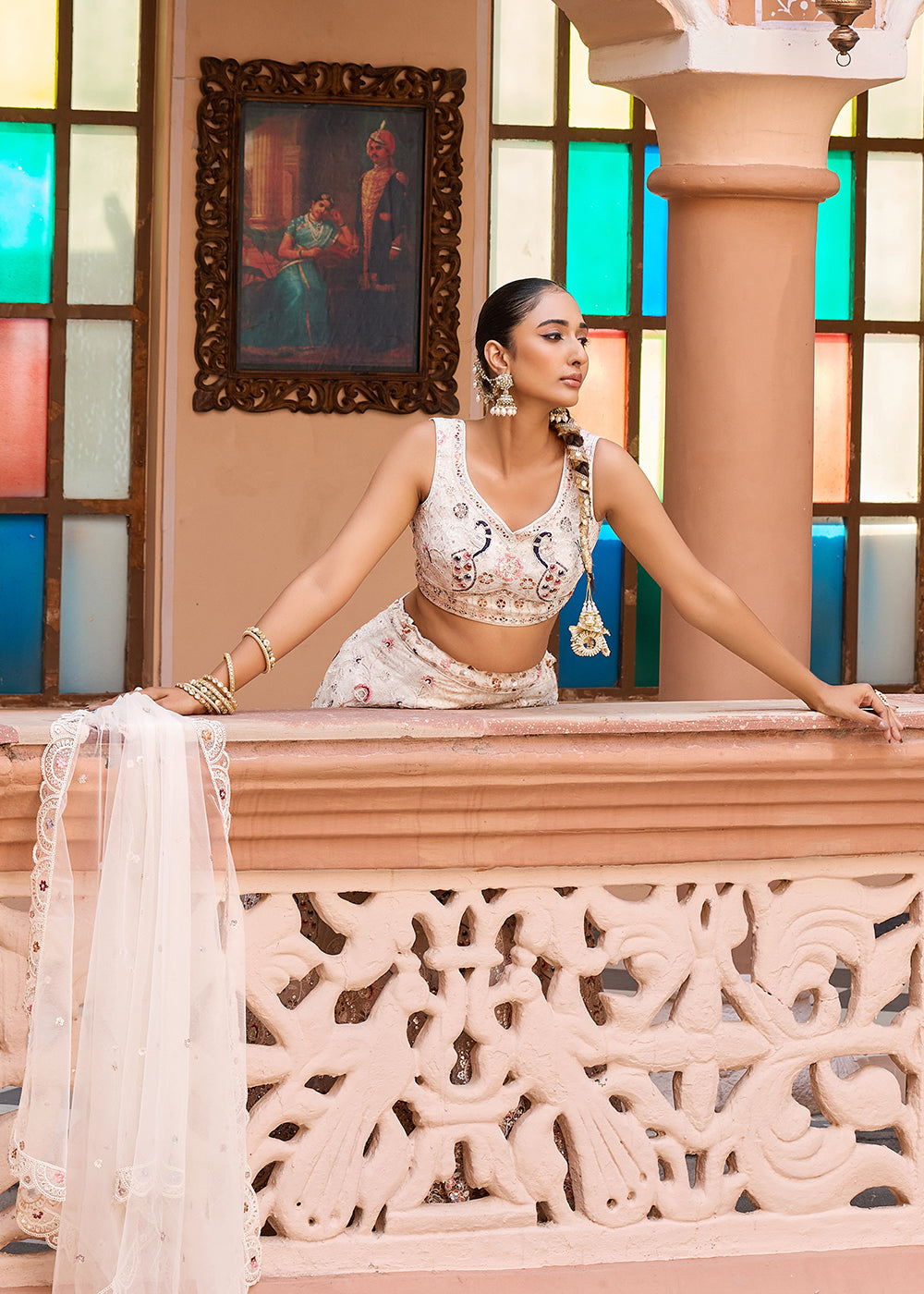 Buy Now Cream Stone & Cording Work Net Lehenga Choli Online in US, UK, Canada, France, Germany, Sweden, Greece, Denmark, Italy, Africa & Worldwide at Empress.