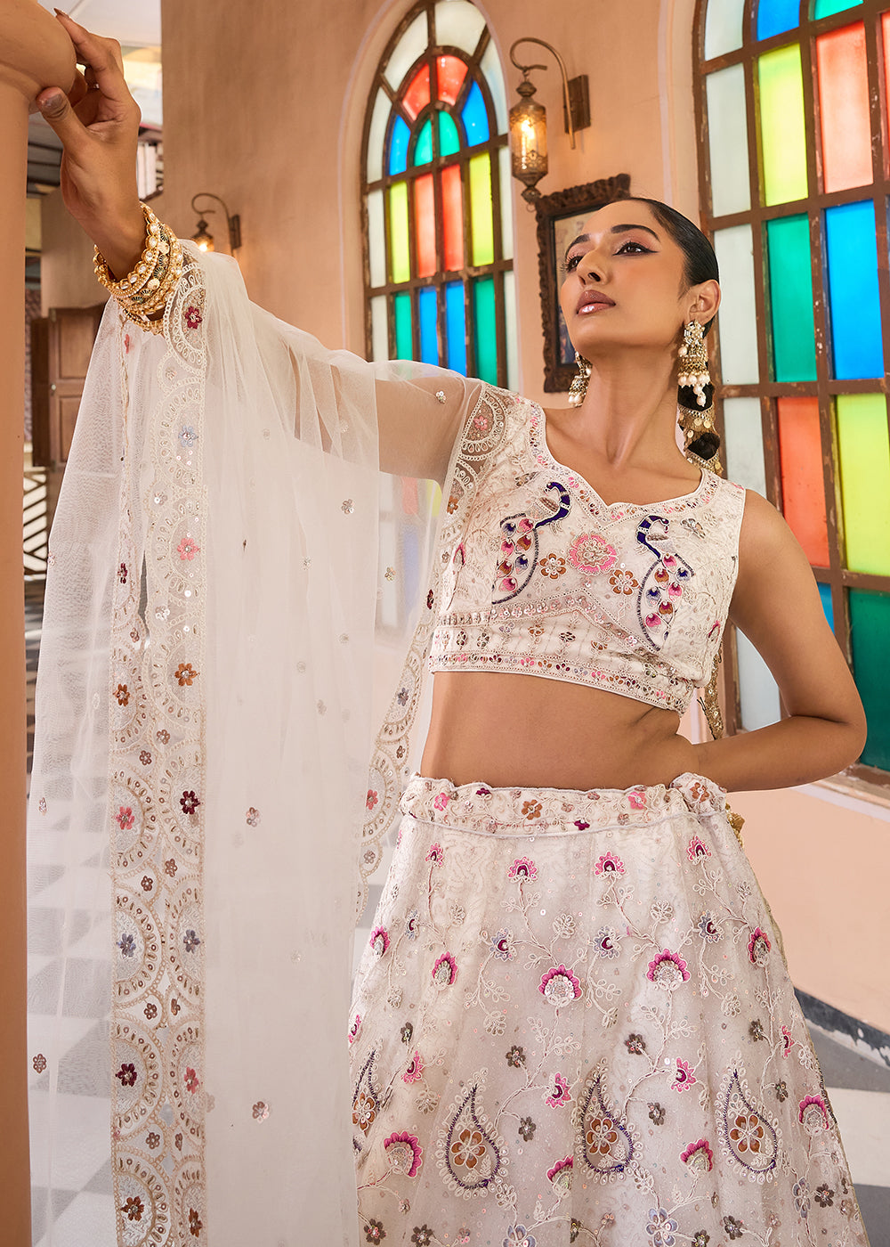 Buy Now Cream Stone & Cording Work Net Lehenga Choli Online in US, UK, Canada, France, Germany, Sweden, Greece, Denmark, Italy, Africa & Worldwide at Empress.