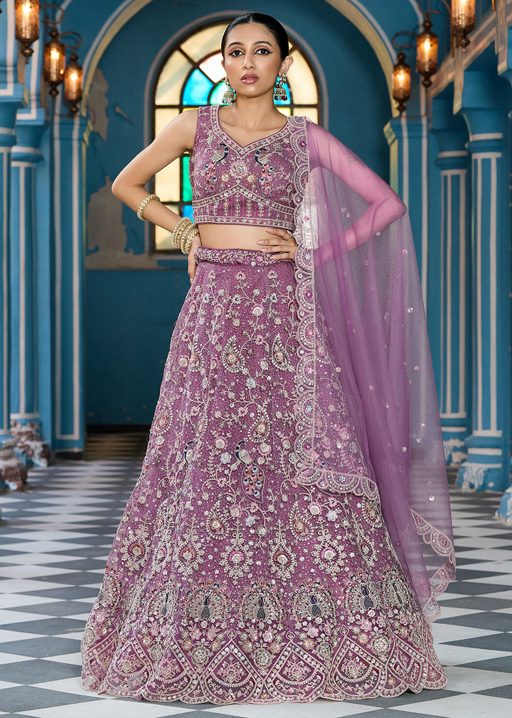 Buy Now Lavender Stone & Cording Work Net Lehenga Choli Online in US, UK, Canada, France, Germany, Sweden, Greece, Denmark, Italy, Africa & Worldwide at Empress.