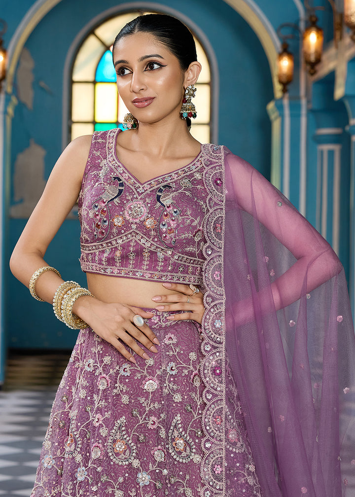 Buy Now Lavender Stone & Cording Work Net Lehenga Choli Online in US, UK, Canada, France, Germany, Sweden, Greece, Denmark, Italy, Africa & Worldwide at Empress.